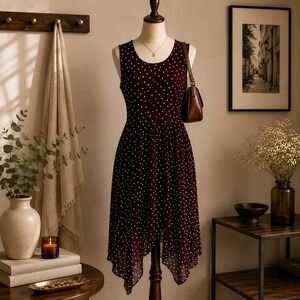 Elle Polka Dot Handkerchief Hem Dress M Burgundy Sleeveless 90s Retro Feminine